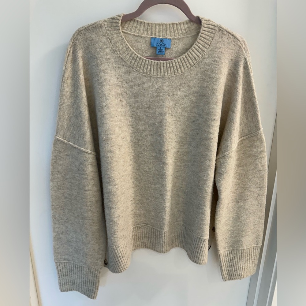 CeCe Beige Knit Sweater Crew Neck Button Sleeve Soft Pullover Size L